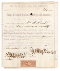 One Of Jay Gould's First Railroad Ventures Signed As President - Troy Salem And Rutland Rail Road Stock Certificate Issued To And Signed By One Of Gould's Earliest Railroad Business Partners: William T. Hart