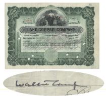 Lake Copper Company Stock Issued to and Signed on Verso By Walter Camp, The “Father Of American Football”