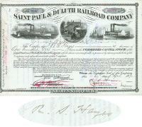 St. Paul & Duluth RR Stock Issued To And Signed On Verso By Company President Richard Somers Hayes