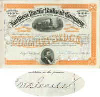 Northern Pacific Railroad Stock Issued To And Signed On Verso By W. D. Searls