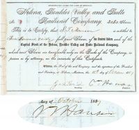 Helena, Boulder Valley And Butte RR Co. Issued To And Signed Twice By S. T. Hauser