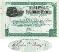 Saint Paul And Northern Pacific RW Co. Issued To And Signed By Charles T. Barney