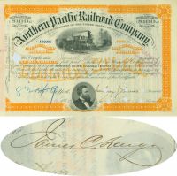 Northern Pacific Railroad Stock Issued To And Signed On Verso By James C. Fargo