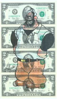 A Sheet Of Four Two Dollar Bills With A Large Colorful Cartoon Drawing Of Bluto Accomplished And Signed By Legendary Comic Hy Eisman