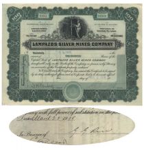 Lampazos Silver Mines Co. Issued To And Signed By George Graham Rice