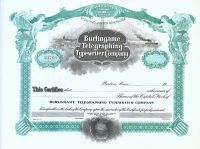 Unissued Burlingame Telegraph Typewriter Company  Stock
